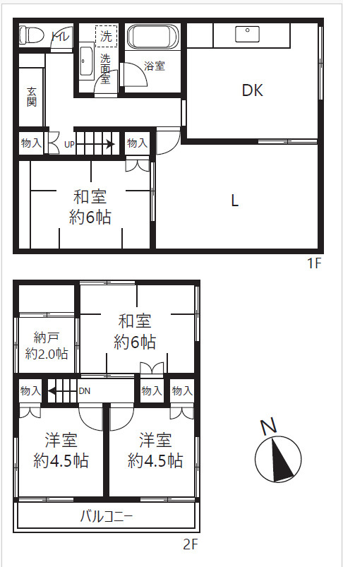 野田市柳沢戸建の間取り|１階、Ｌ約６帖　ＤＫ約６帖　和室約６帖　２階、和室約６帖　洋室約４．５帖２部屋　納戸約2帖！