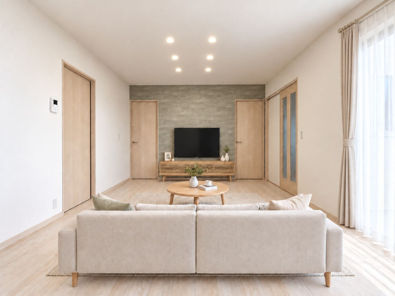 【みどり市笠懸町阿左美10区画　３号棟　リビング】
※こちらの写真は実際の物件写真に合成したイメージです。実際の家具配置とは異なります。