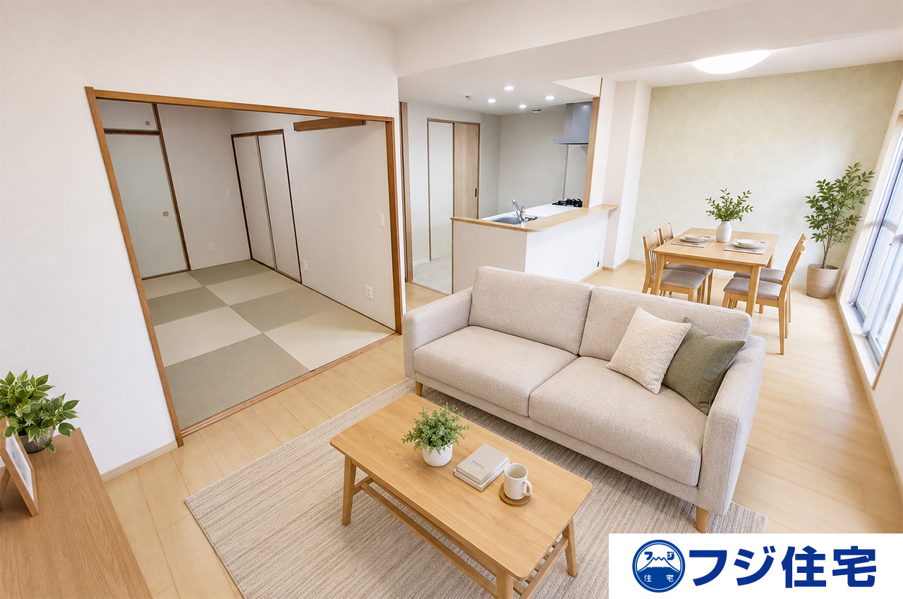 ソワール新檜尾台四号棟の居間・リビング|LDK：バーチャルステージング画像（AI合成）です。合成された家具等は販売価格に含まれません。