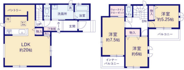 宇都宮市中今泉５丁目　新築住宅全３棟の間取り|■建坪29.36坪　敷地34.22坪　LDK２０帖　全居室南向き　主寝室７．５帖　WIC　パントリー　ダブルバルコニー■