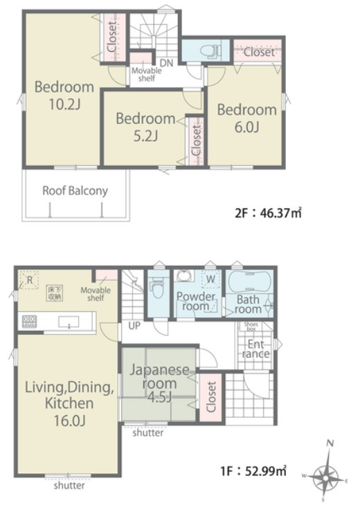 富士市石坂第1期　‐全3棟‐　新築戸建ての間取り|●間取り●
土地面積：200.39㎡
建物面積：99.36㎡