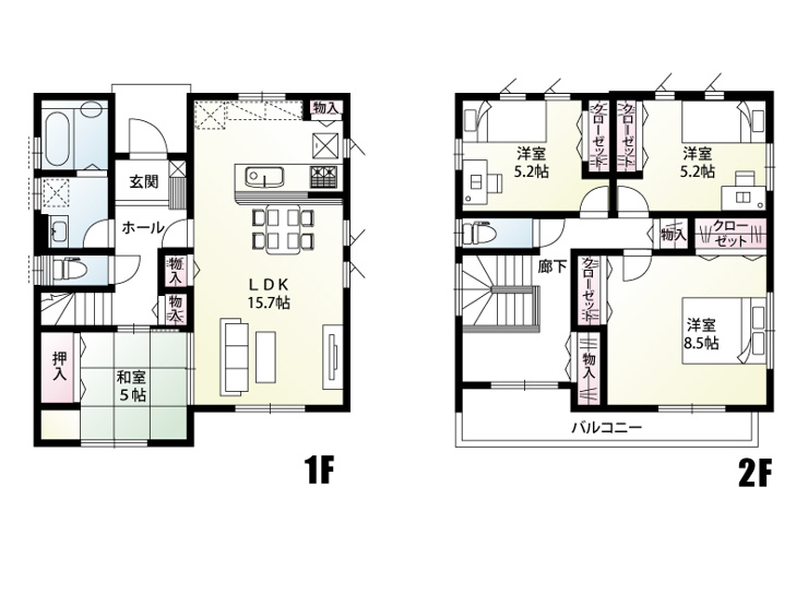 1号棟　建物面積105.57㎡（31.93坪）広々としたLDKに独立した和室を備えた1階と、室内物干しスペースや豊富な収納を配した2階で、快適な暮らしと家事動線を両立した使いやすい間取りです。