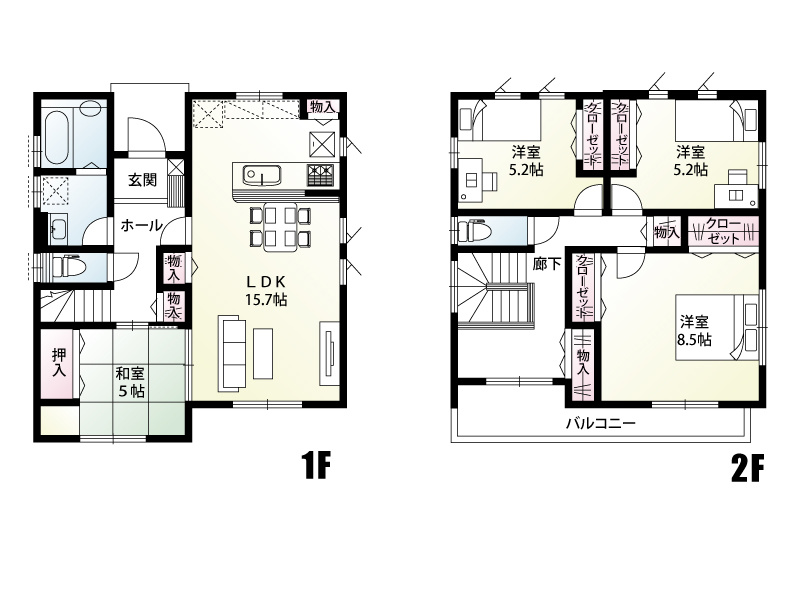 1号棟　建物面積105.57㎡（31.93坪）広々としたLDKに独立した和室を備えた1階と、室内物干しスペースや豊富な収納を配した2階で、快適な暮らしと家事動線を両立した使いやすい間取りです。