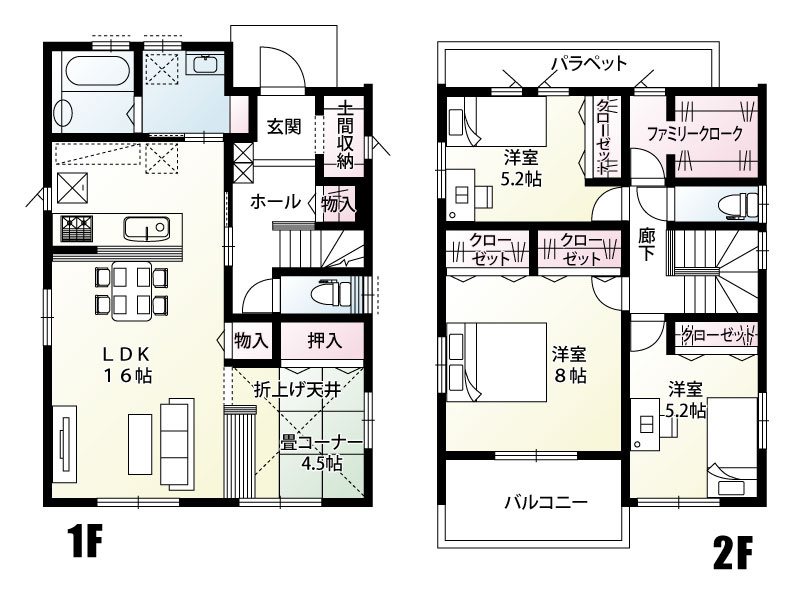 1階はLDK16.0帖＋畳コーナー4.5帖！カウンター付でキッチンからも見えますのでお子様の遊び場や趣味の作業場にも使えますね！2階には3.0帖のウォークインタイプのファミリークロークがございます。