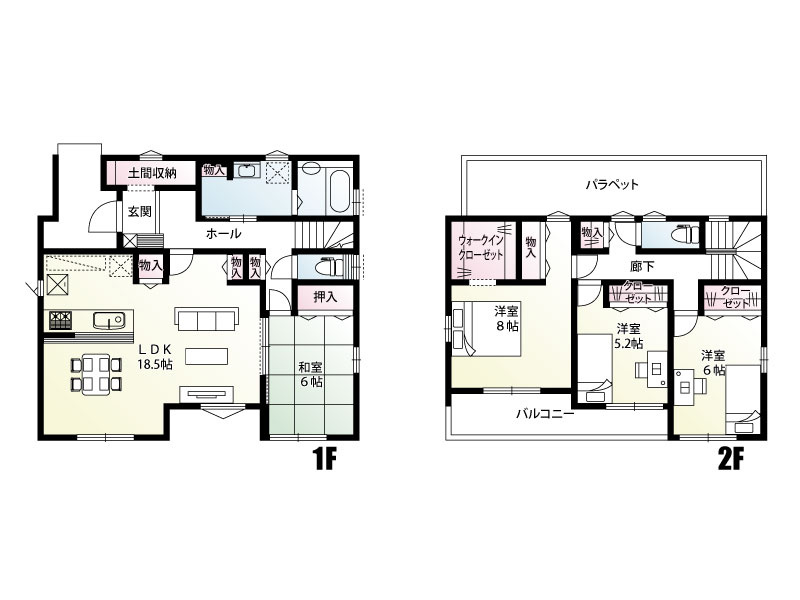 幸手市千塚（全2区画）1号棟　間取図　LDK18.5帖のゆとりある空間に、和室6帖を隣接。家族が集まりやすく、家事動線にも配慮した暮らしやすい間取り。豊富な収納で家族それぞれの快適な生活を実現します。