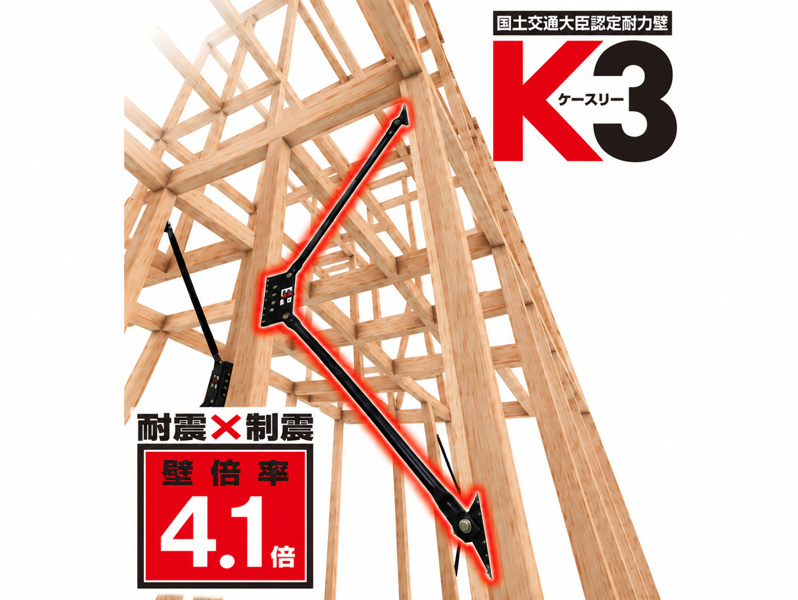 【構造画像：高性能ダンパーK3】耐震と制震を兼ね備えており、２つの性能の相乗効果で地震から住まいを守ります。壁の強さを表す壁倍率で上位ランクである「4.1倍」に認定されました。