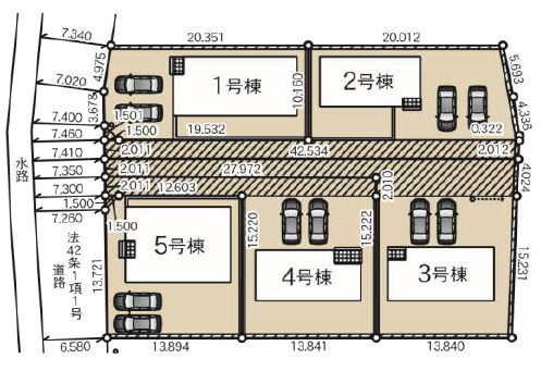 千曲市戸倉第６　新築住宅全５棟の区画図|閑静な住宅地で子育て家族にピッタリ。毎日のお散歩も快適な緑に恵まれたエリアで、自然に包まれた穏やかな暮らしを実現するための、ゆとりある住環境が整っています。緑の潤いを感じながらホッと生活できそう。