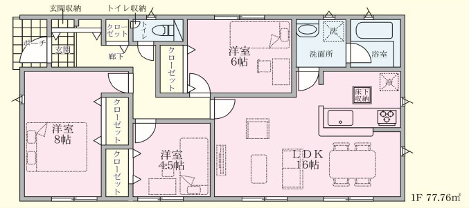 千曲市戸倉第６　新築住宅全５棟の間取り|■建坪23.52坪　敷地64.03坪　平屋　主寝室８帖　LDK１６帖■