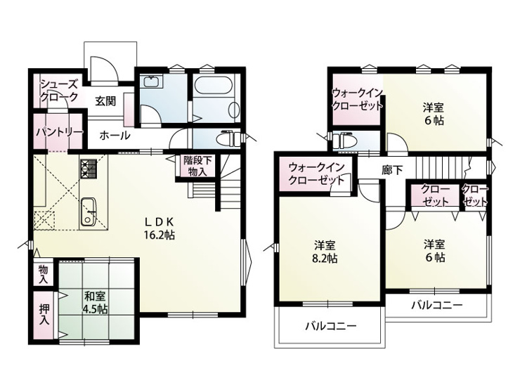 南羽生Ⅱ　新築戸建　全2棟　1号棟：収納が非常に豊富で、家族それぞれのプライベート空間と団らんの空間がしっかり分けられた使いやすい間取りとなっています
