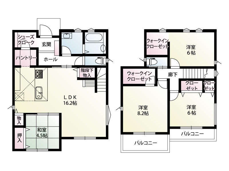 南羽生Ⅱ　新築戸建　全2棟　1号棟：収納が非常に豊富で、家族それぞれのプライベート空間と団らんの空間がしっかり分けられた使いやすい間取りとなっています

