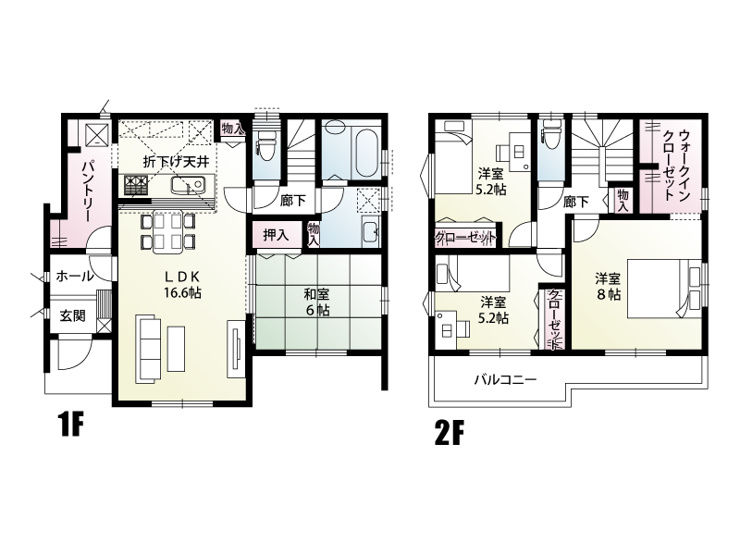 【2号棟:間取図】3.2帖のパントリーへ玄関から直接アクセスできるため、買い物後の荷物運びもスムーズな間取り。ぐるりと回れる回遊動線が家事効率を高め、家族との時間にゆとりができます。