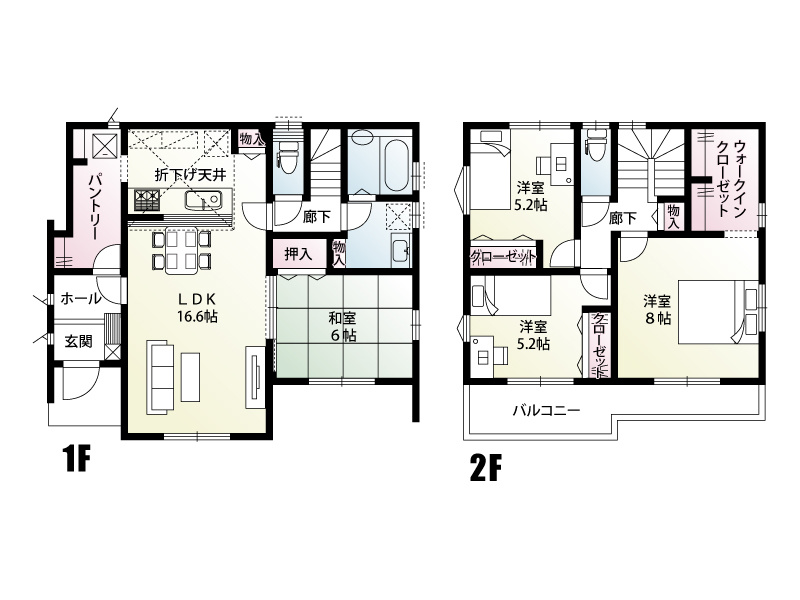 【2号棟:間取図】3.2帖のパントリーへ玄関から直接アクセスできるため、買い物後の荷物運びもスムーズな間取り。ぐるりと回れる回遊動線が家事効率を高め、家族との時間にゆとりができます。
