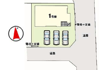 宇都宮市西川田東町の新築一戸建の区画図|駐車並列３台可能！南東角地で日当たりも通風も良好です♪
