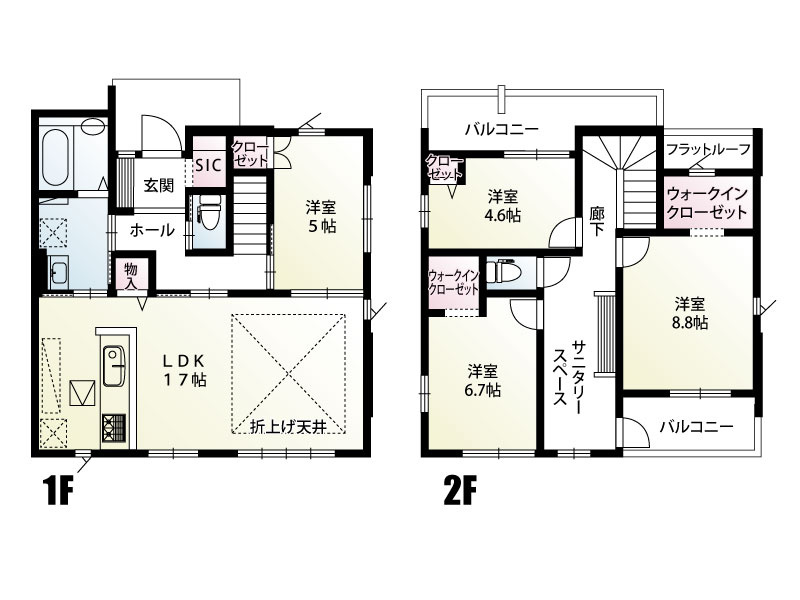 17帖のゆとりあるLDKを中心に、快適なサニタリースペースを備えた住まい。各所に収納を豊富に設け、日用品や衣類などをすっきり整理できます。暮らしやすさと収納力を兼ね備えた、機能的で快適な住空間です。