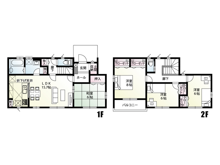 【明和町須賀4区画4号棟　間取図】 
全ての居室が6帖以上で設計されていますのでゆとりのある生活が送れます。水回りをまとめて家事動線を効率良くしました♪全居室南向きで明るい陽が入ります。