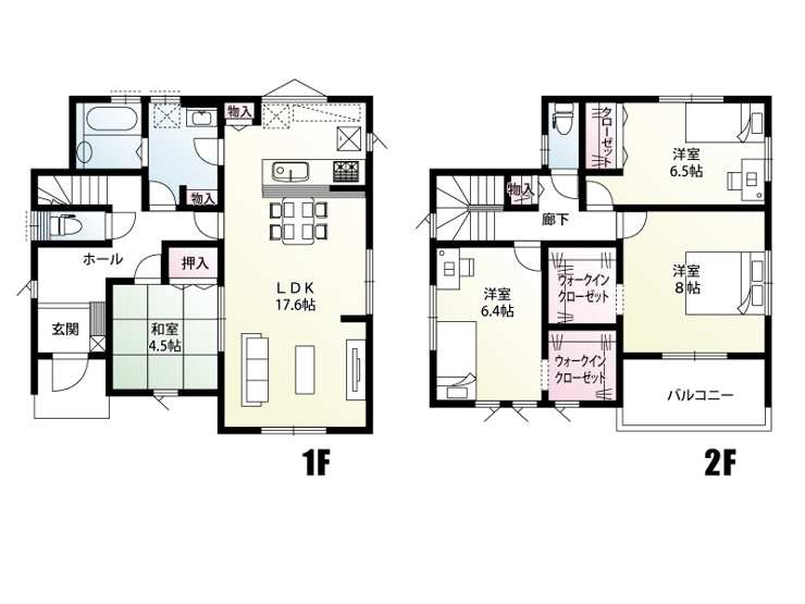 【4号棟：間取り図】のびのび過ごせる17.6帖の広々LDK。4.5帖の和室が隣接しており、扉を開ければさらに開放的な大空間に。子育てや家族の団らんにぴったりなレイアウトです。