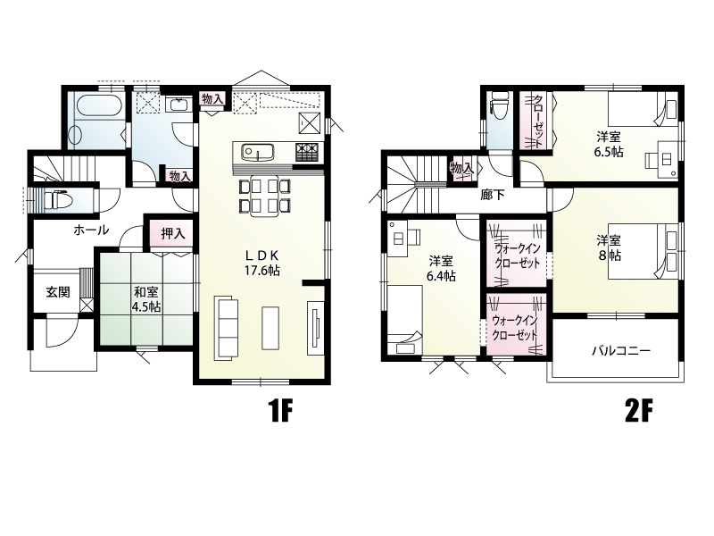 【4号棟：間取り図】のびのび過ごせる17.6帖の広々LDK。4.5帖の和室が隣接しており、扉を開ければさらに開放的な大空間に。子育てや家族の団らんにぴったりなレイアウトです。