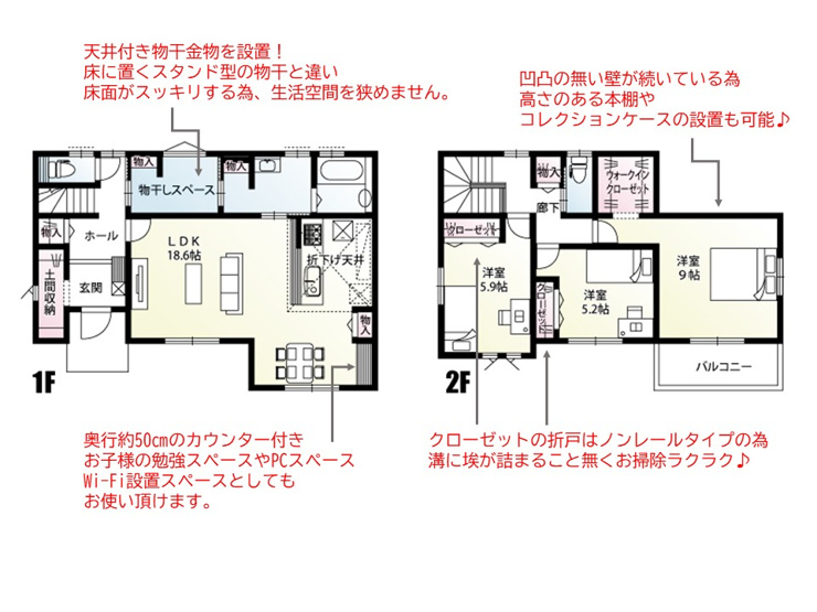 【１号棟　間取図】雨の日や花粉時期でも気にせずお洗濯可能なランドリーコーナー付き。全居室南西向きで、太陽光がしっかり入ってくる間取です♪