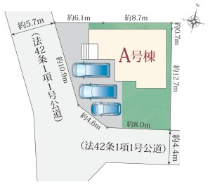 ハートフルタウン　清水区殿沢2丁目2424番　全1棟　の区画図|駐車2台可♪
2方向道路に接しているから、開放的♪