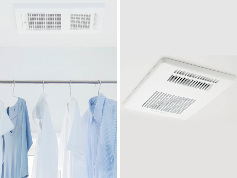 【設備画像：浴室換気乾燥暖房機】換気・乾燥・暖房・涼風機能でバスルームを調整。乾燥は衣類乾燥にもご活用いただけます。暖房は、冬場のヒートショック対策に効果的です。