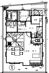 リナージュ　三島市富田町　第1期　全2棟の間取り|●1号棟１階 間取図●
土日祝日はもちろん、平日のお仕事終わりのお時間でもご見学可能です♪ 未完成のため近隣にある同仕様モデルハウスの内覧も可能です！ お問い合わせは054-291-5201まで♪