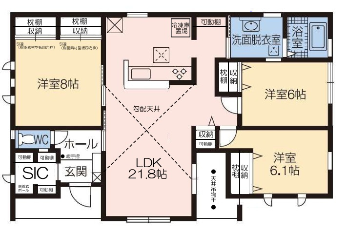 第8渋川市半田　新築住宅全1棟の間取り|■建物28.68坪　全居室収納付き　平屋建て■