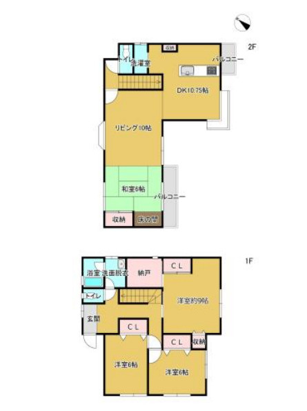野田市柳沢中古戸建の間取り|１階洋室９．０帖、洋室６．０帖、６．０帖　　2階　L１０．０帖、DK１０．７５帖、和室６．０帖　南西向きバルコニー
