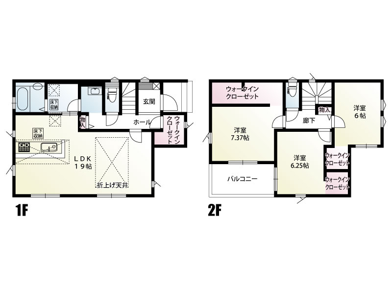 【3号棟　間取図】家族がゆったり集まれる約19帖の開放的なLDKが主役の住まい。独立した脱衣室と洗面所で、毎日の身支度もスムーズです。2階は全室大容量クローゼット付きで、お部屋をすっきり保てます。