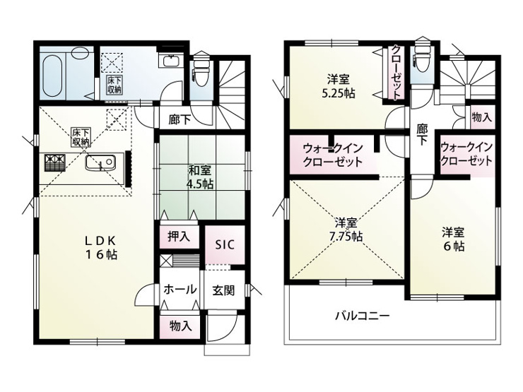 【4号棟　間取図】玄関にSIC、2階の2部屋に大容量WICを備えた収納豊富な。約16帖のLDKに隣接する「洋風和室」は、扉を開放すれば広々とした一体空間になり、ライフスタイルに合わせて柔軟に使えます。