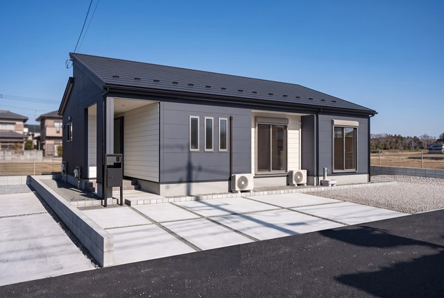 2号棟《完成イメージ》ダークグレーと木目調のツートンカラーが落ち着いた印象の平屋建て。大きな掃き出し窓から光が降り注ぐ明るいLDKと、洋室のスリット窓がデザインのアクセントの心地よい住まいです。