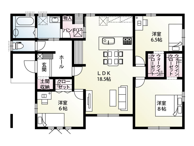 2号棟　建物面積91.09㎡（27.55坪）開放感あふれる18.5帖のLDKにパントリーや土間収納など豊富な収納を配置。全居室に収納を備え、平屋ならではの効率的な生活動線で家族皆が快適に暮らせます！
