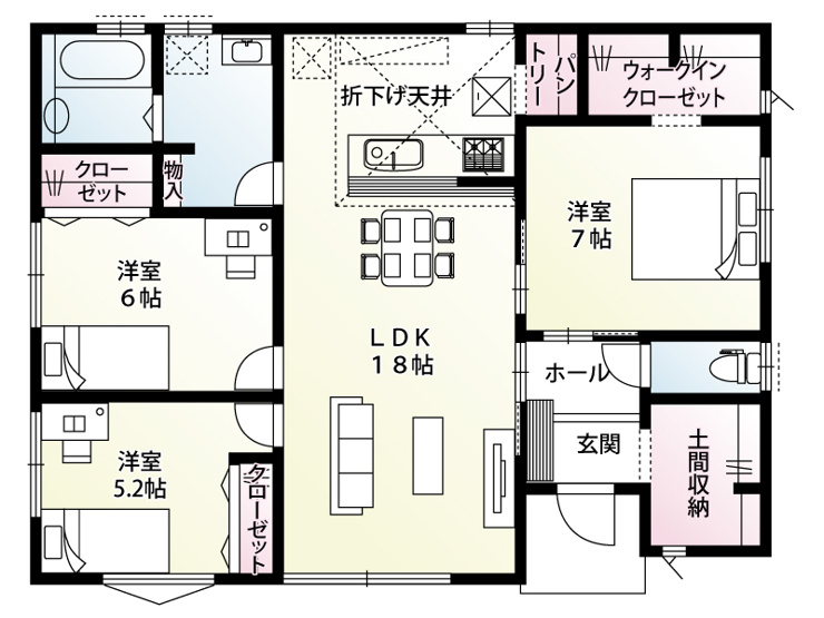 【千代田町舞木全3区画　2号棟　間取図】
人気の平屋のLDKは18帖で南側の掃き出し窓から明るい陽が入ります。オールフローリングのお家ですので段差が無くお掃除も大変しやすくなっています♪