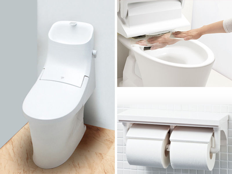 【坂戸市鎌倉町3号棟 1階トイレ(同仕様・同形状写真)】フチレス形状やお掃除リフトアップ機能などのお手入れのしやすさが特徴。