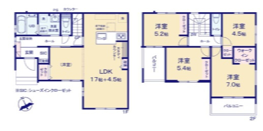高崎市棟高町1期　新築住宅全4棟の間取り|■土地54.64坪　建物33.23坪　SIC　WIC　２面バルコニー■