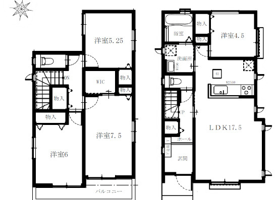 宇都宮市戸祭町2145番　新築住宅全２棟の間取り|■建坪30.30坪　敷地49.03坪　LDK17.５帖　全居室二面採光　主寝室7.５帖　WIC■