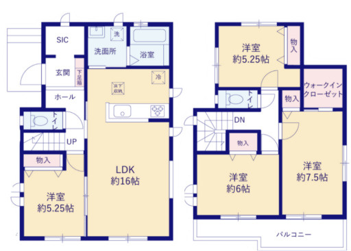 宇都宮市若草４丁目　新築住宅全２棟の間取り|■建坪30.30坪　敷地43.92坪　全居室二面採光　主寝室7.５帖　WIC　SIC■