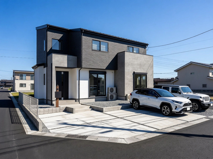 【館林市赤土町全1区画　外観完成イメージ】　
重厚感のある建物の形状に合わせモノトーンの3色をバランス良く貼り分けた印象的な外観です。※現地写真に完成イメージ画像を合成したものです