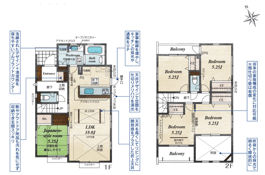 宇都宮市鶴田町の新築一戸建の間取り|■建坪32.42坪　敷地69.95坪　土間収納　広々洗面所　LDK吹抜け　室内物干し　２ドアワンルーム　太陽光発電システム■