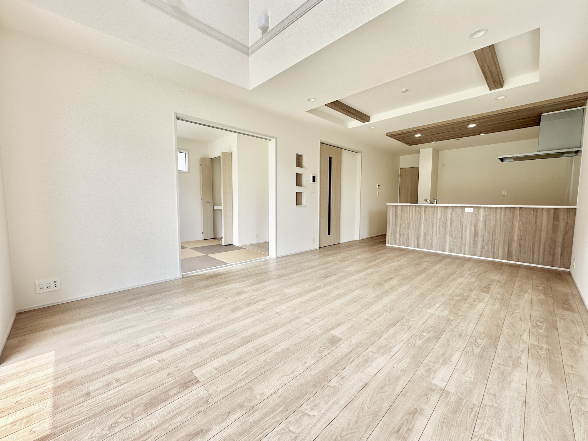 宇都宮市鶴田町の新築一戸建の居間・リビング|ご家族みんなで長い時間を過ごすリビングは一番居心地のいいものであって欲しいですね。開放感のある広々リビングに光と風を呼び込みます。収納も多く快適な住空間を実現します。