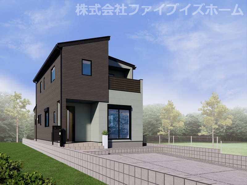 久喜市本町8丁目（全2棟）2号棟　外観完成イメージ　カーキとスモーキーグレーを組み合わせた、落ち着きのあるスタイリッシュな外観。深みのある色合いが上品な印象を与え、洗練された佇まいを演出します。