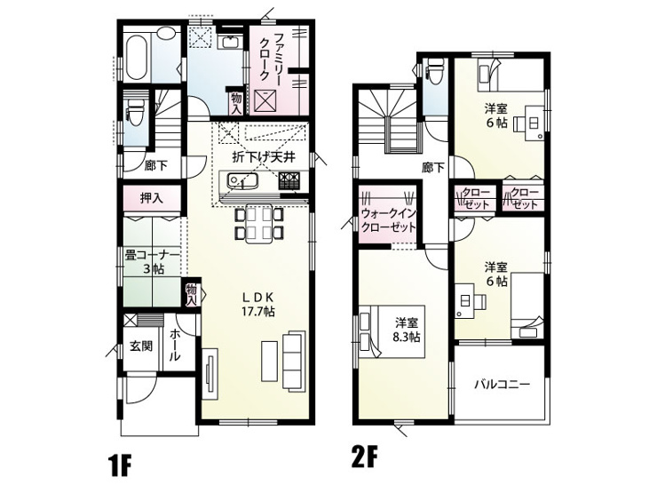 久喜市本町8丁目（全2棟）2号棟　間取図　17.7帖のLDKに畳コーナーを備え、家族がゆったり過ごせる間取り。ファミリークロークやウォークインクローゼットもあり、収納力も充実しています。