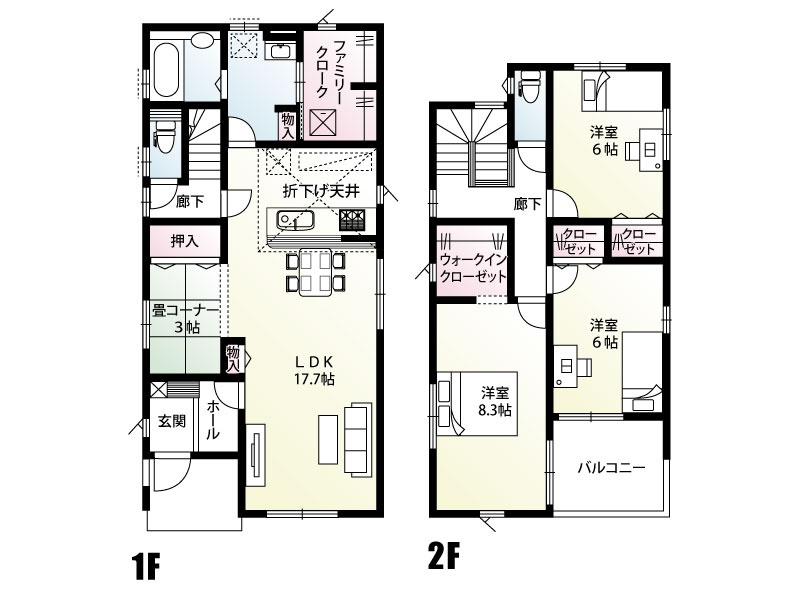 久喜市本町8丁目（全2棟）2号棟　間取図　17.7帖のLDKに畳コーナーを備え、家族がゆったり過ごせる間取り。ファミリークロークやウォークインクローゼットもあり、収納力も充実しています。