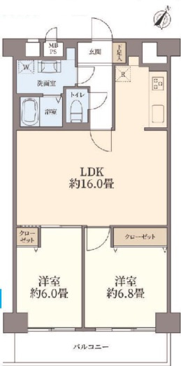 日商岩井北浦和マンションB棟の間取り|間取り：２LDK　専有面積：66.00平米　各部屋６帖以上