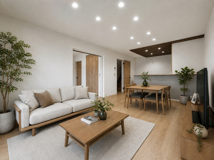 １号棟　LDK　※実際の現地写真に家具・小物を合成した画像です。家具・小物は物件価格に含みません。