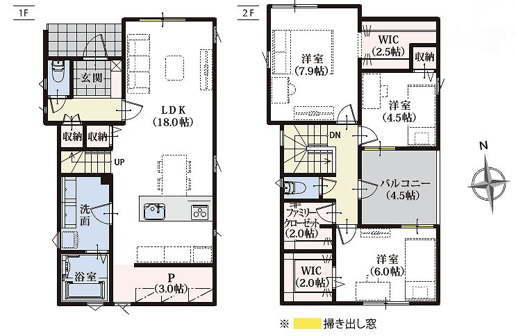 沼津市　大岡4期　全2棟の間取り|3LDK+2WIC(ウォークインクローゼット)+P(パントリー)+FC(ファミリークローゼット)
土地面積138.89㎡(42.01坪)　建物面積102.88㎡(31.12坪)