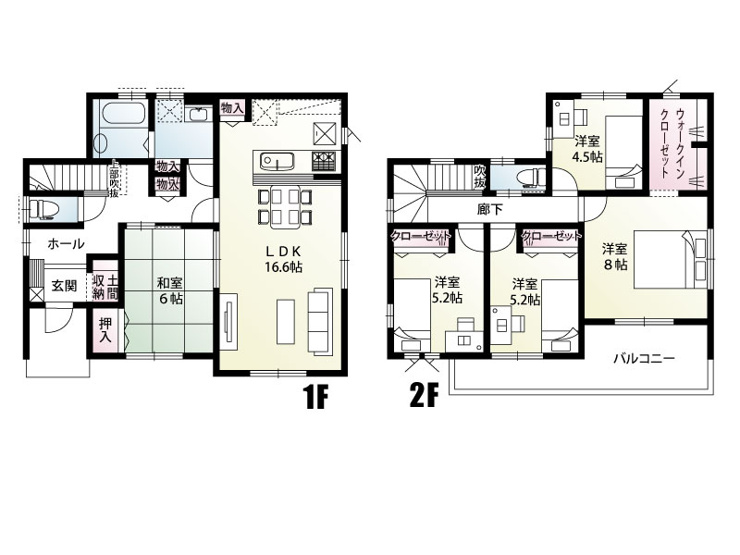 3号棟　建物面積116.43㎡（35.21坪）広々16.6帖のLDKと隣接する和室で開放的な空間を演出！2階にはWIC付の部屋をはじめ4部屋を確保、収納力とプライベート空間を両立した充実の5LDK！