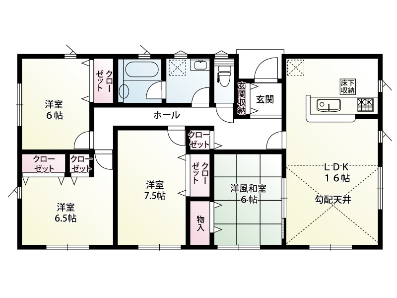 幸手市神扇（全3棟）3号棟　間取図　16帖のLDKを中心に、洋室3部屋と洋風和室を備えたゆとりある4LDK。各居室に収納を確保し、家族それぞれの荷物もすっきり整理できます。
