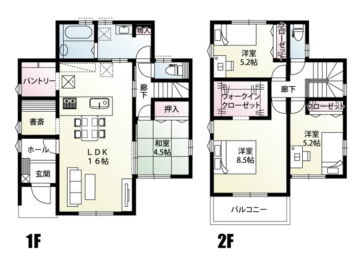 【2号棟:間取図】仕事や趣味に便利な2帖の書斎コーナーをプラス。さらに納戸・土間収納・和室・物干しスペースまで備え、暮らしやすさと収納力を両立した間取りです。