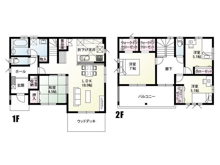 【４号棟：間取図】欲しい場所に収納がある４LDK。土間収納や食品庫、ウォークインクローゼットは入口が二つあり、ご夫婦の荷物を別に収納できます。