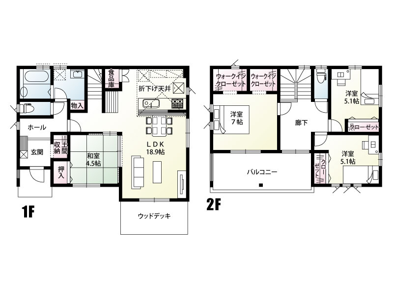 【４号棟：間取図】欲しい場所に収納がある４LDK。土間収納や食品庫、ウォークインクローゼットは入口が二つあり、ご夫婦の荷物を別に収納できます。
